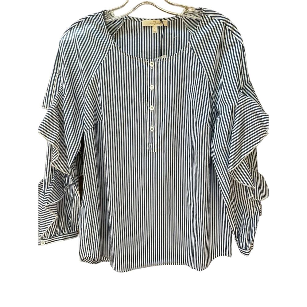 7 For All Mankind Striped Ruffle‎ Long Sleeve Blouse Coastal Hamptons Small 7FAM